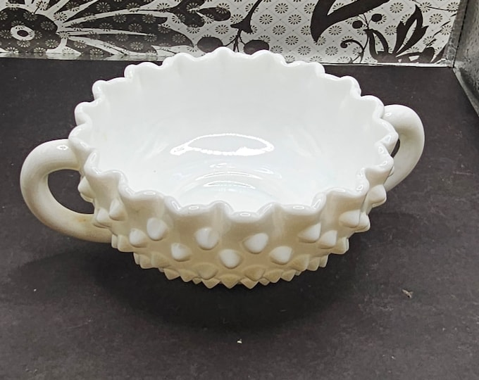 Hobnail Crimped  Milk Glass 2 Handle Round Candy dish F6/9