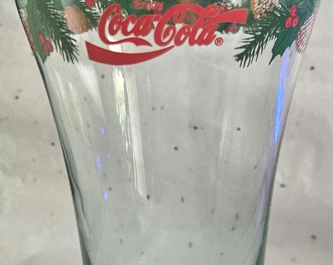 Vintage Coca Cola Christmas Glassware 1980s Coke Holiday Glassware Libbey Flat Tumbler Pine Cones Needles Berries A8/18