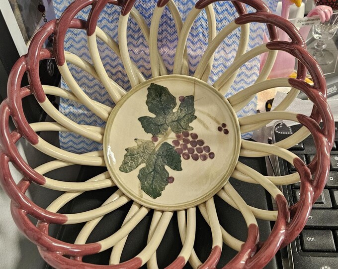 Vintage ceramic woven bread basket, hand-painted, open braided pottery bowl. Stoneware signed by the artist.