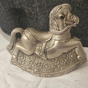 Vintage 1970s silver plated rocking horse coin bank D8/28