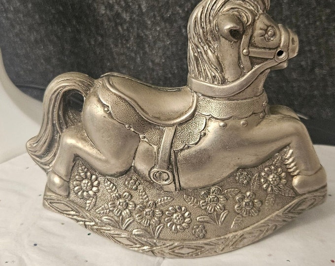 Vintage 1970s silver plated rocking horse coin bank A8/28