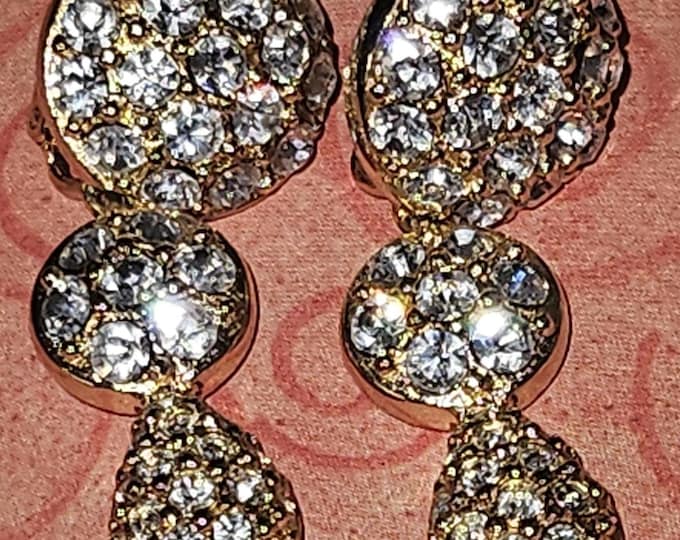 Christian Dior Silver Tone Clear Crystal Circle Dangle Clip On Earrings, Signed M596 (SHELF)