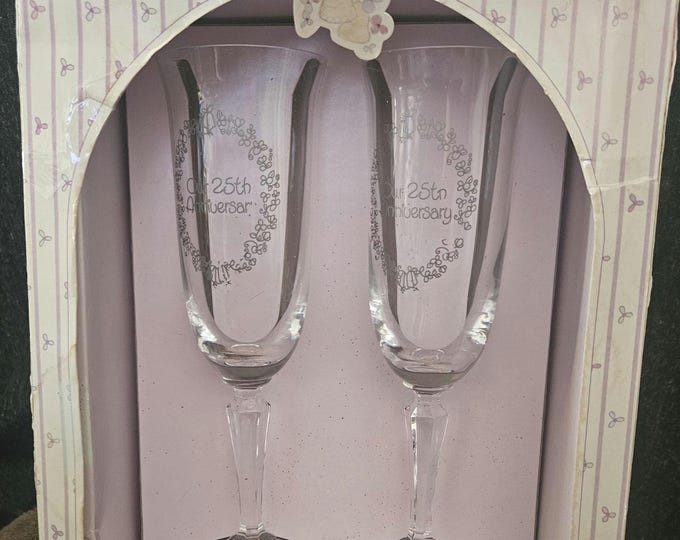 VIntage ENESCO Precious Moments Champagne Flutes Happy 25th Anniversary Glasses New in the box A3/9