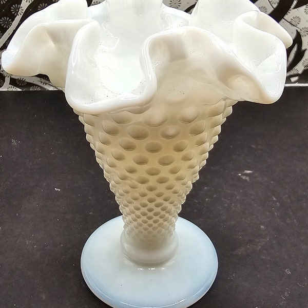 Vintage small Fenton White Milk Glass Hobnail Ruffled Pedestal F5/26