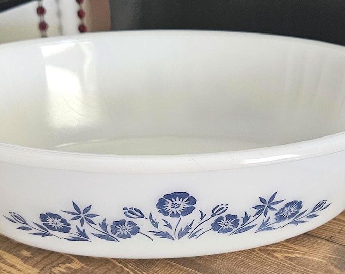 Vintage Glasbake Blue Floral Oval Casserole Dish, Fire King Model 433.  A6/8