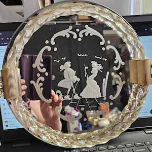 Murano Barovier Style Italian Engraved Mirror Tray with Gold handles C9/8