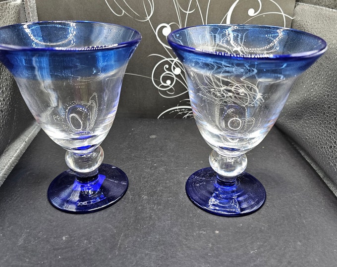 Hand Blown Mexican Cobalt Blue Clear Glass Goblet 8 Oz F2/30
