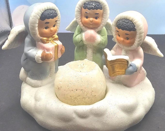 Vintage 1990s Gift co, Inc. Snow Angels  (17-A) Candle Holder With Glitter Trim & Snowball Candle F7/10