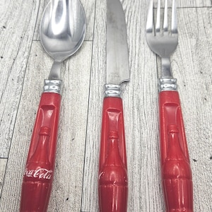 Vintage Gibson Coca Cola Flatware Set: Red Handle Fork, Knife & Spoon