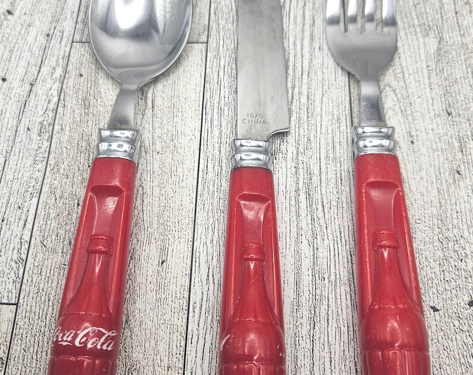 Vintage Gibson Coca Cola Coke Flatware Vintage Set Red 3 Piece: Fork, Knife, and spoon Table spoon A8/16