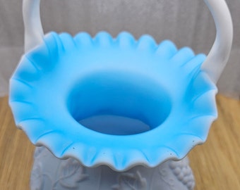 Vintage Fenton Glass Basket White w/ Blue Interior Ruffled/Crimped Grape Pattern C6/10