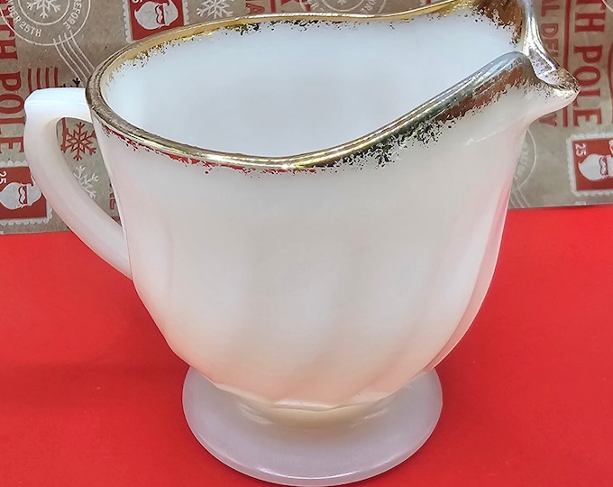 Vintage Anchor Hocking Fire King Milk Glass Creamer with Gold Rim, Golden Swirl, Oven Ware Creamer, Shell White Swirl, USA B9/15