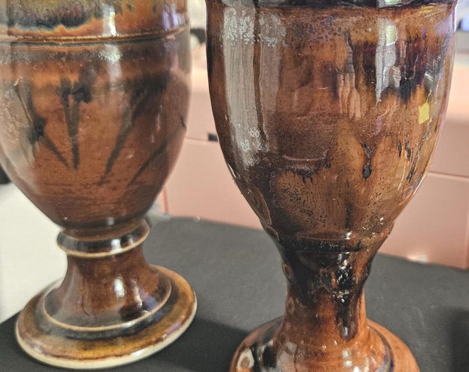 Vintage Studio Art Pottery Set of 2 Goblets Wine Brown Tan  C6/2