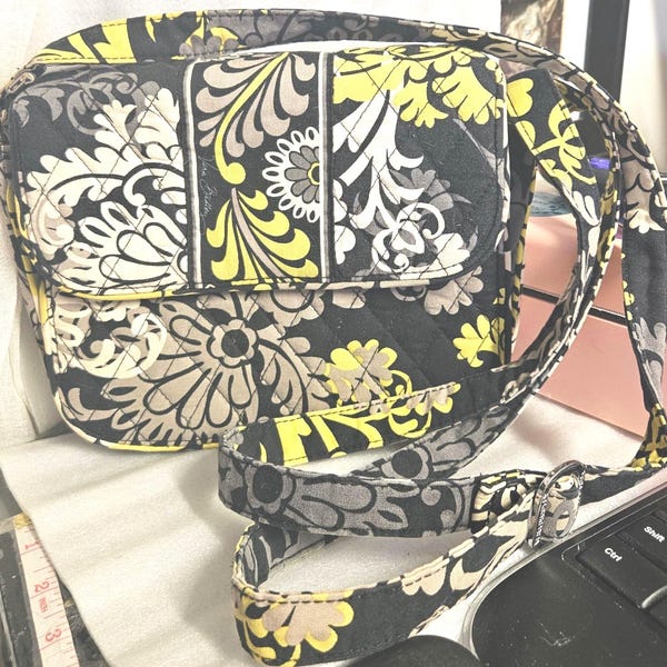 Vera Bradley Baroque Crossbody Bag | Black Yellow White Floral Quilted Purse | Retired Pattern Cotton Shoulder Bag Travel Handbag