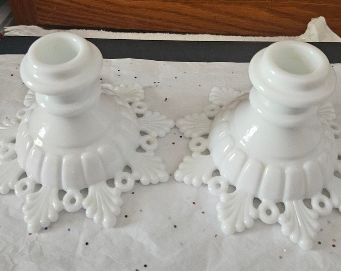 Vintage  Westmoreland Ring and petal set of two white Candlestick holders B3/8