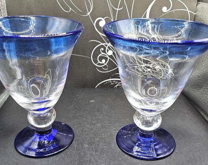 Hand Blown Mexican Cobalt Blue Clear Glass Goblet 8 Oz F2/30