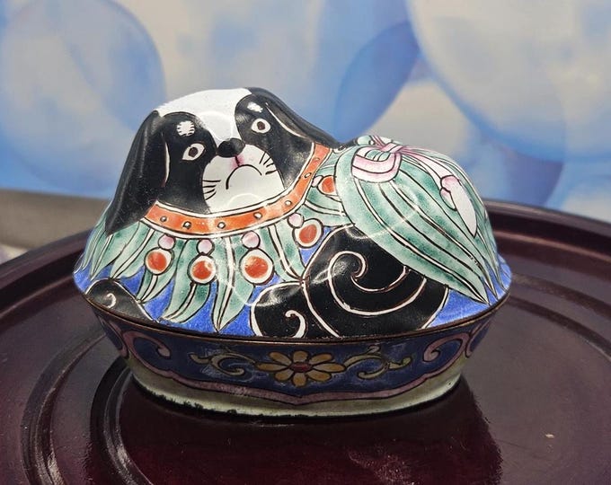 Rare Vintage Chinese Canton CopperEnamel Trinket Box shaped in a black and white dog design A2/25