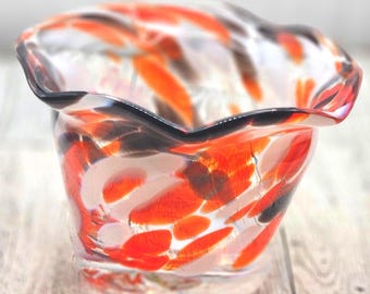 Vintage Art Glass Bowl, Orange White Black Swirls, Signed Bob Are (A8/26)