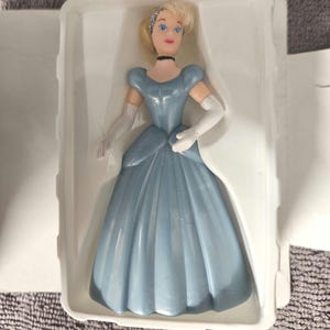 May include: A plastic Cinderella doll in a blue ball gown with white gloves and a tiara. The doll is in a white plastic package.