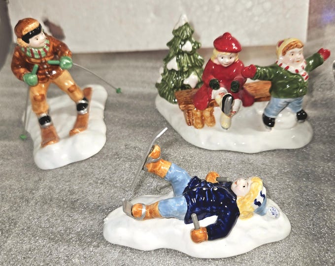 The  Original Snow Village "SKATERS & SKIERS" Set of 3 hand painted Ceramic Accessories #5475-5 In original box B4/15