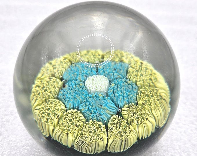 Round Blown Glass Blue yellow and green, Millefiori Murano Style Paper Weight C2/11