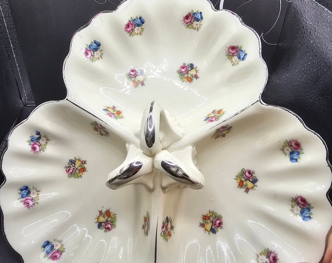 Antique Moriyama Mori-Machi Tray Divided 3 Section Handle Japan Hand Painted F4/09