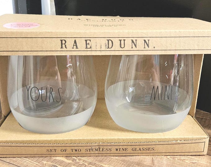 Set of 2 Rae Dunn wine glasses by EnhantEe, featuring "Yours" and "Mine" designs. RD3/15