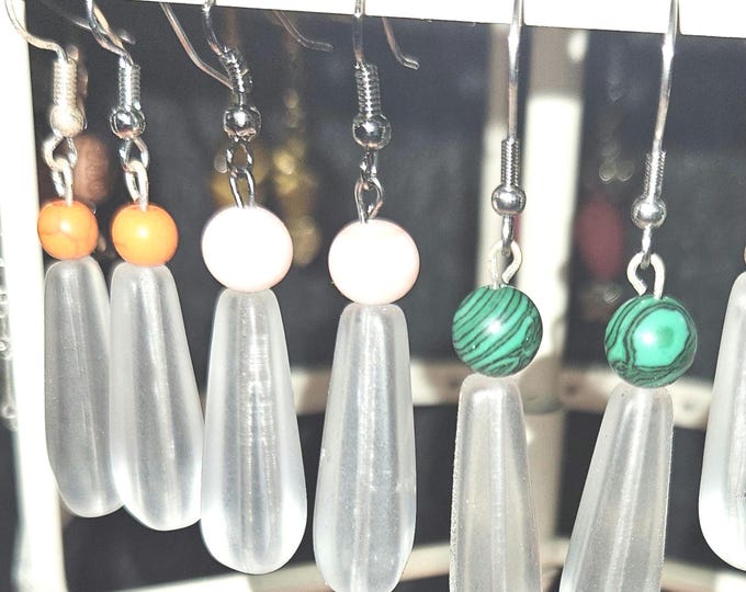 White frosted Sea glass long Tear drop Earrings
