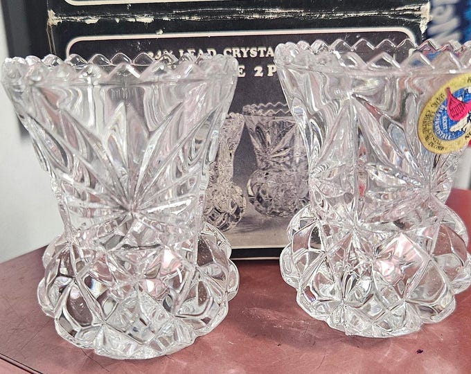 Vintage 1970s  Heavy Clear Glass Vases - Diamond Point Design, top Starburst and Sawtooth Edge - Two Vase in original box C10/16