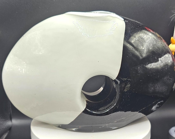 Vintage Black and White Donut Hole Art Glass Vase. Low and Oval Shape. Mid Century Minimalist Style Home Decor.B10/6