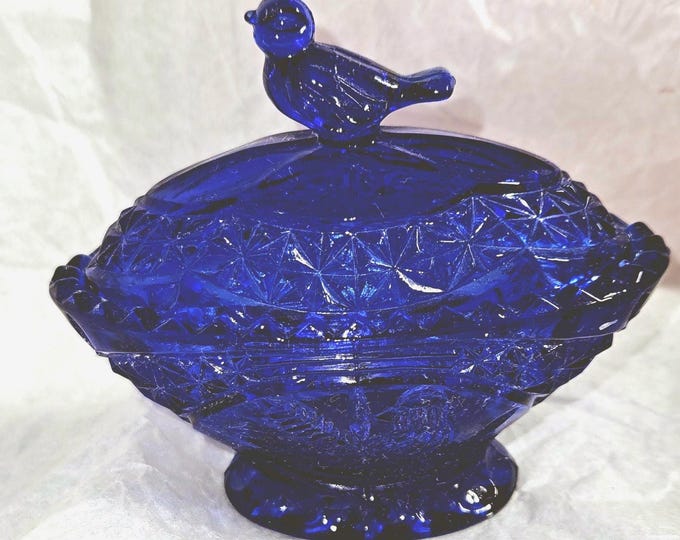 Vintage Cobalt blue Hofbauer Byrsers Collection Glass oval trinket jar 3.63x4.25 F10/8