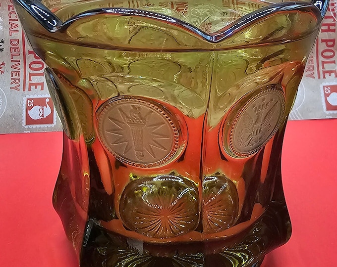Vintage Fostoria Coin Glass Candy Jar Olive Green, Vintage Mid-Century Modern B9/14