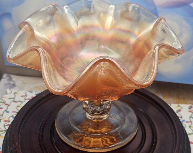 VINTAGE Fenton Amberina Carnival Glass Ruffled Pedestal Compote Iridescent Rare A2/32