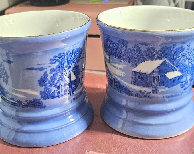 Vintage Currier and Ives Mugs (Set of 3): 1970s Winter Homestead, Gold Rim