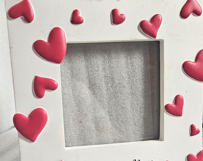 Vintage "My Valentine" picture frame with floating hearts and a king frog sitting on top