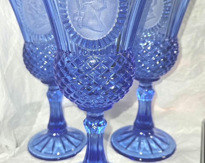 Vintage Set of 3 Avon Blue Fostoria Goblets: 2 Martha and 1 George, Glass 8". Fostoria 2 Martha and 1 George gobbles F10/3