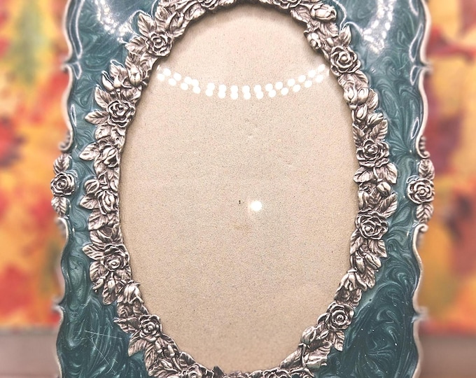 Vintage Enamel 5x7 7" Picture frame  With blue enamel and embossed Roses B6/02