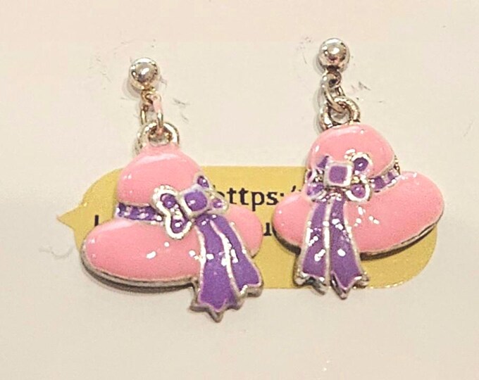 Vintage Ceramic Pink Hat Stud Earrings with Purple Ribbon Box