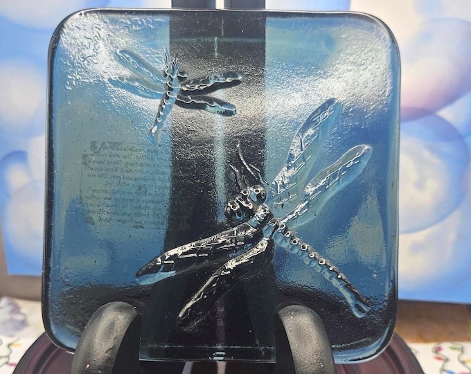 Vintage Contemporary Blue Art Glass Tile Featuring a Dragonfly (A2/27)