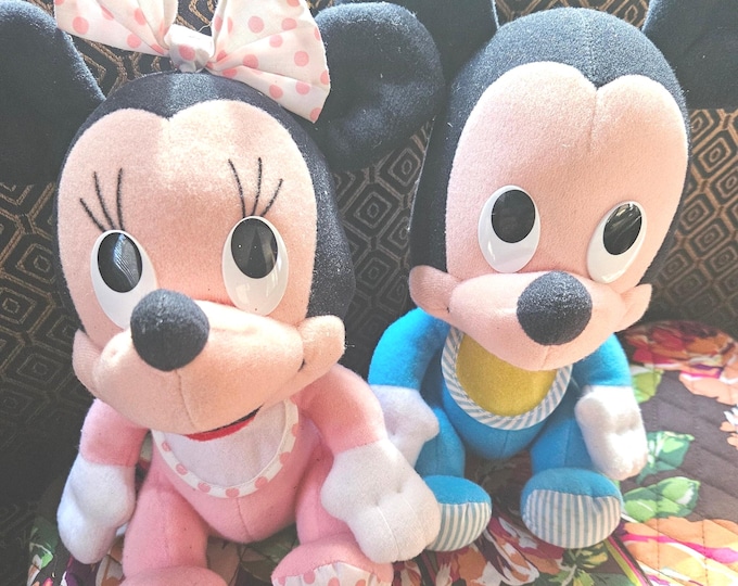Disney Baby Mickey Minnie Mouse 12” Plush Blue Pink W/ Bib Vintage Hasbro 1984 A8/30
