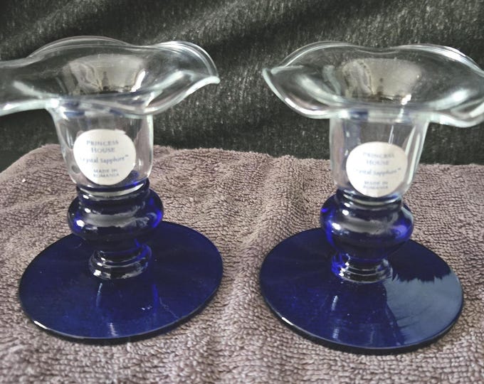 Princess House Sapphire Crystal Candlestick Glass Flower Shaped 1980s