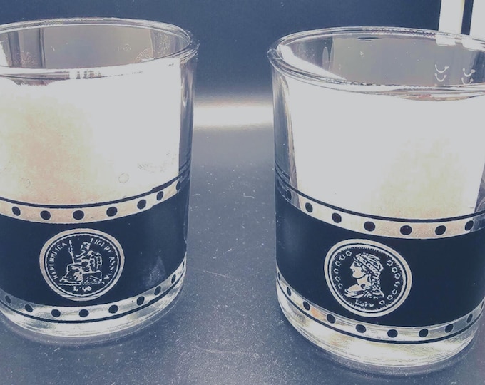 Rare set of 2 Hazel Atlas MCM Vintage Barware Glasses in Black Old Coins B10/20