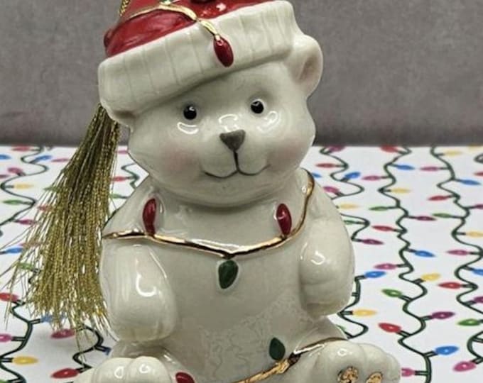 Lenox Christmas Ornament Teddy Bear SantaWith Tangled Lights Porcelain A2/16