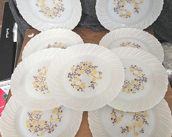 Set of 9 Vintage Termocrisa Milk Glass Dinner Bowls with Floral Harvest Patter, C3/01