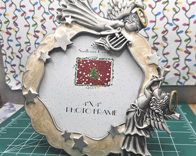 Sunflower design Enamel Metal Holiday Angels Christmas round frame B2/7