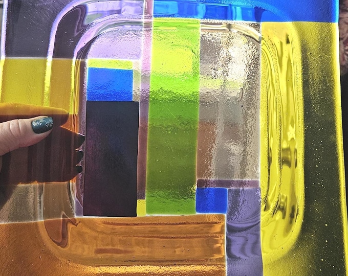 12-inch by 12-inch fused glass plate signed by the artist F8/