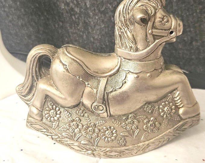 Vintage 1970s silver plated rocking horse coin bank A8/28