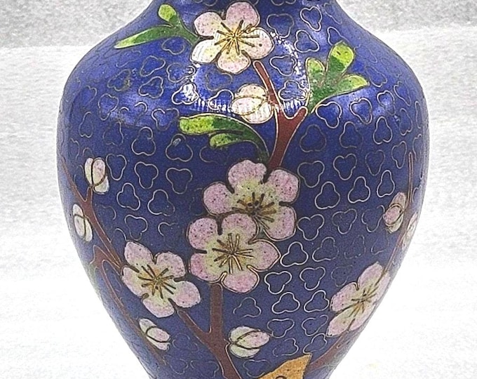 CLOISONNE VASE Blue Flowers Gold Touches Gold Inside, Turquoise Base 5" C2/10