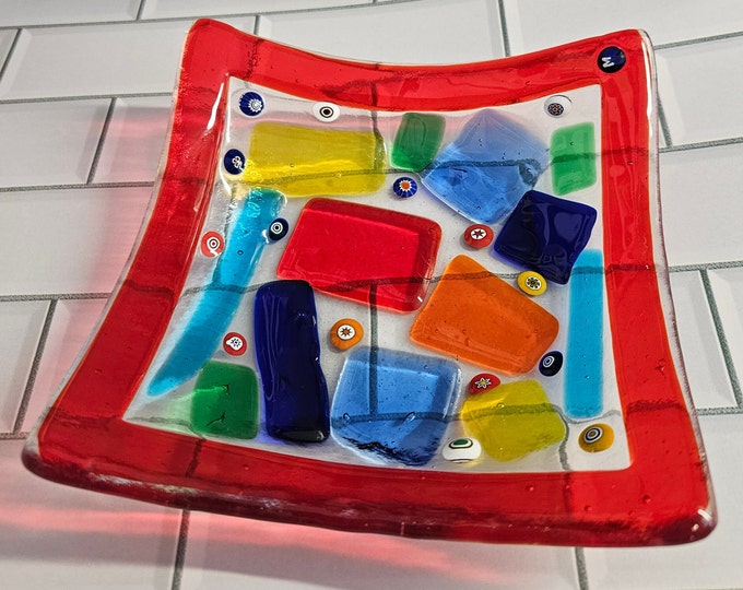 Millefiori  Murano Glass Decorative Dish, Red, Medium - 4.9" Square, Italian Craftsmanship, Handmade in Murano, Italy C10/3