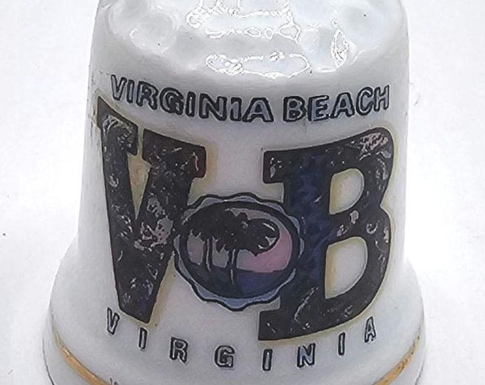 Virginia Beach palm Tree Vtg Porcelain Thimble Gold Trimmed Band F9/B